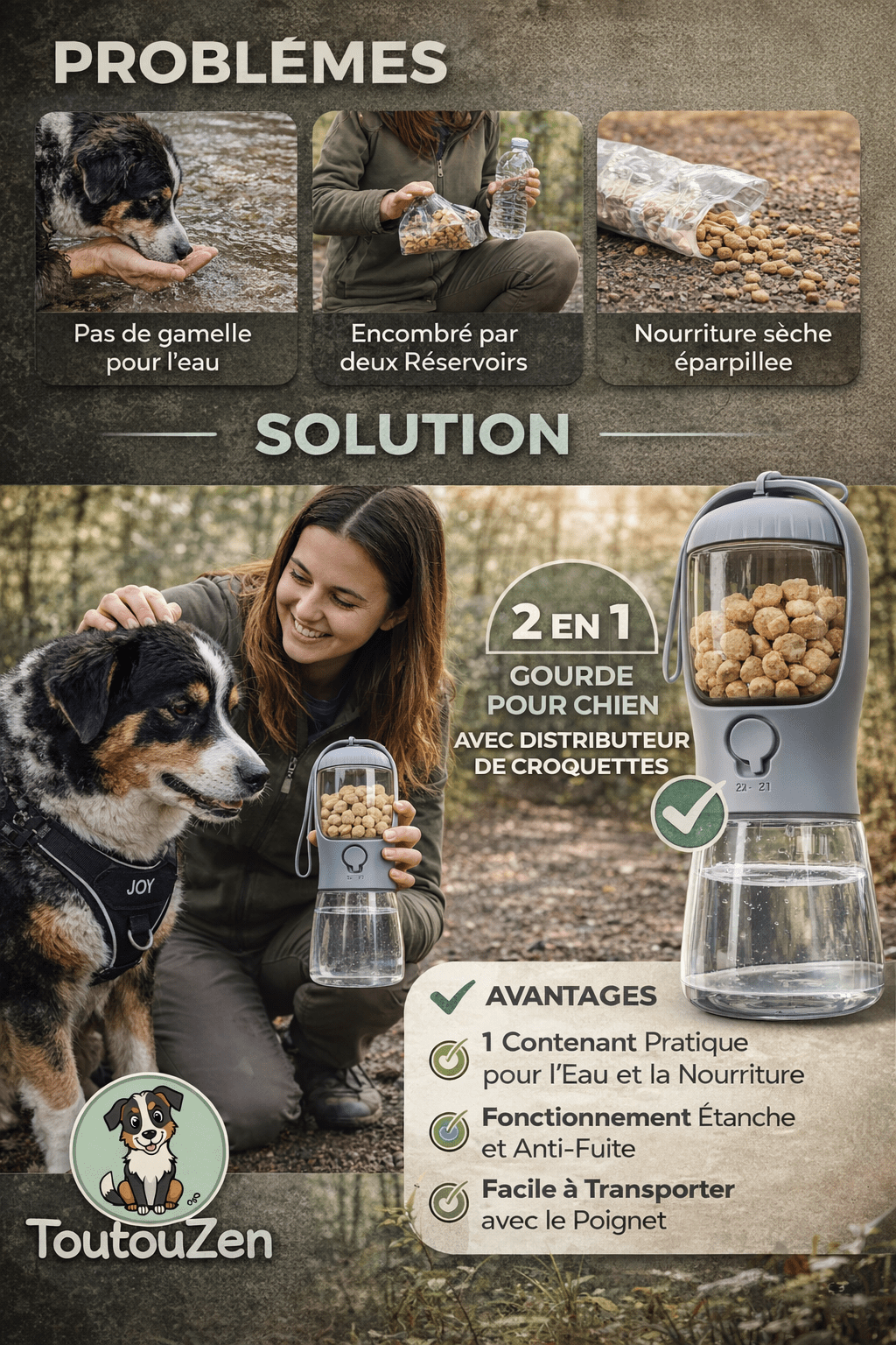 Gourde 3 - en - 1 pour Chien - Eau, Croquettes & Distributeur de Sacs pour Balades Faciles - ToutouZEN
