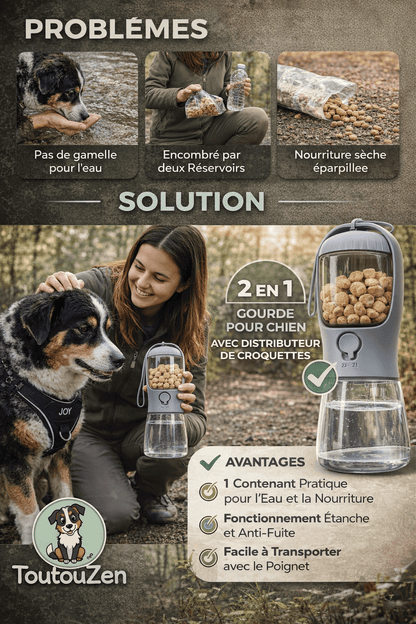 Gourde 3 - en - 1 pour Chien - Eau, Croquettes & Distributeur de Sacs pour Balades Faciles - ToutouZEN
