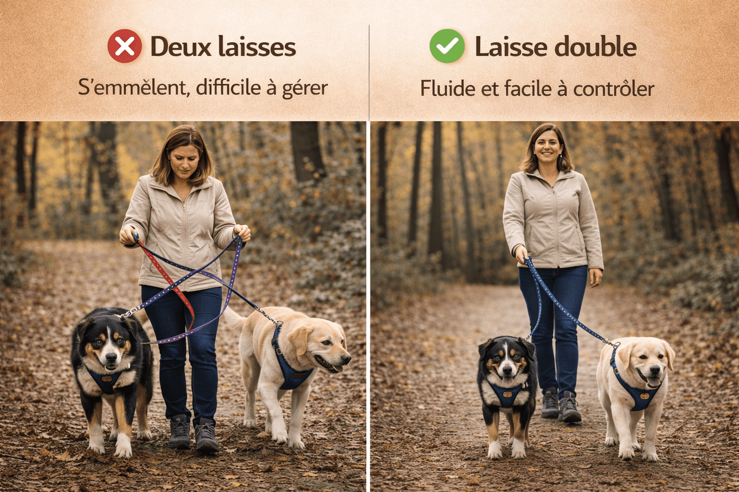 Laisse double pour chien anti-emmêlement comparaison avec laisses classiques