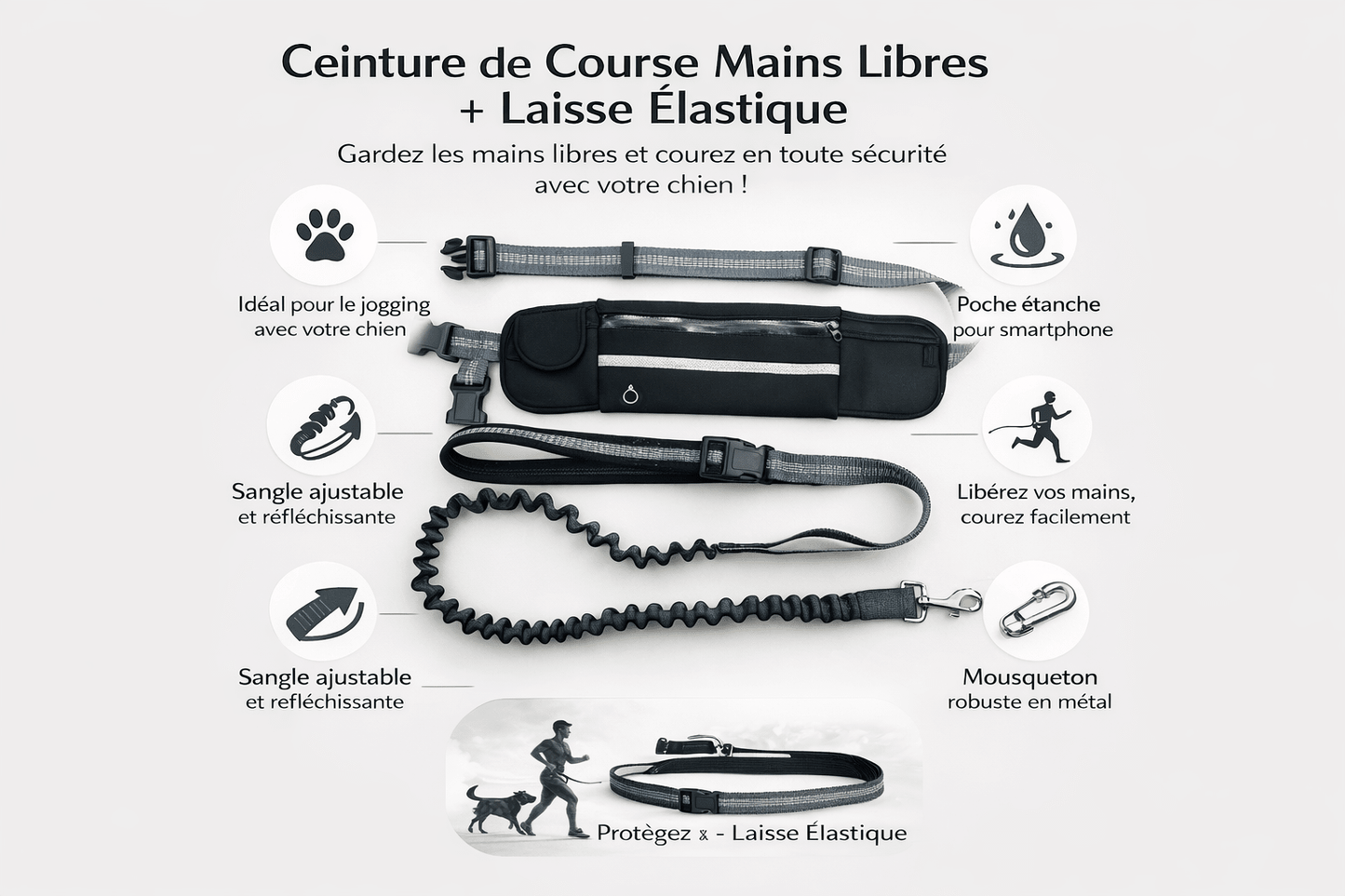 Laisse Running Mains Libres pour Chien - Sacoche intégrée, Balade & Sport - ToutouZEN